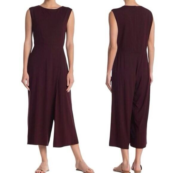 Eileen Fisher Jumpsuit Casis Moc Wrap Burgundy Stretch Jersey Wide Leg Faux L - Picture 1 of 14